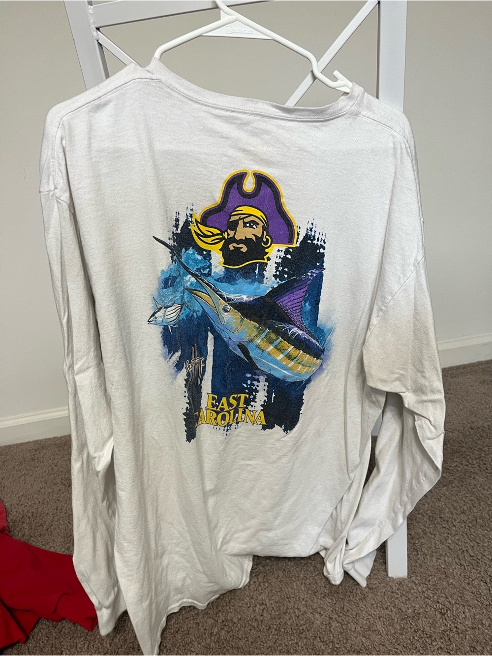 ECU Guy Harvey White Long Sleeve Tee with Pirate and Marlin Graphic